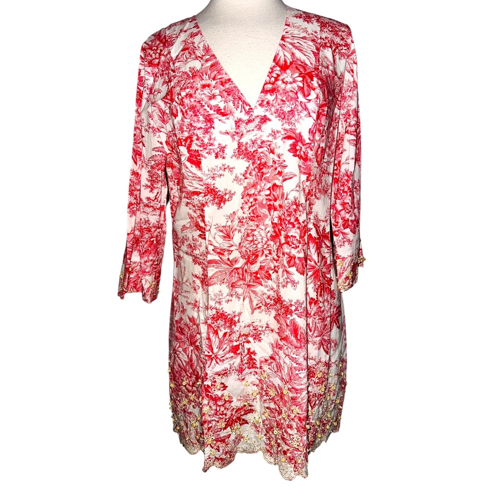 WB5 Soft Surroundings Floral Tunic Dress Red White Toile Print Embellished‎ M